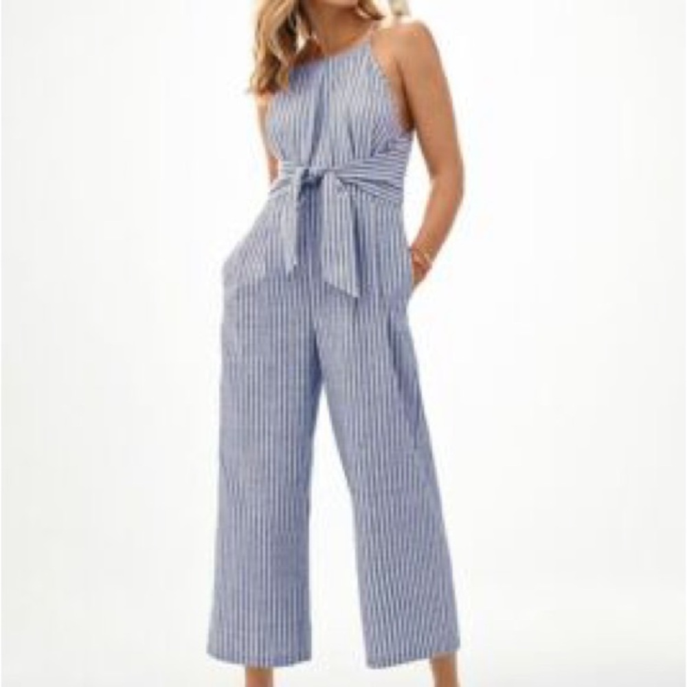 Greylin Blue and White linen jumpsuit NWT wrap waist with pockets